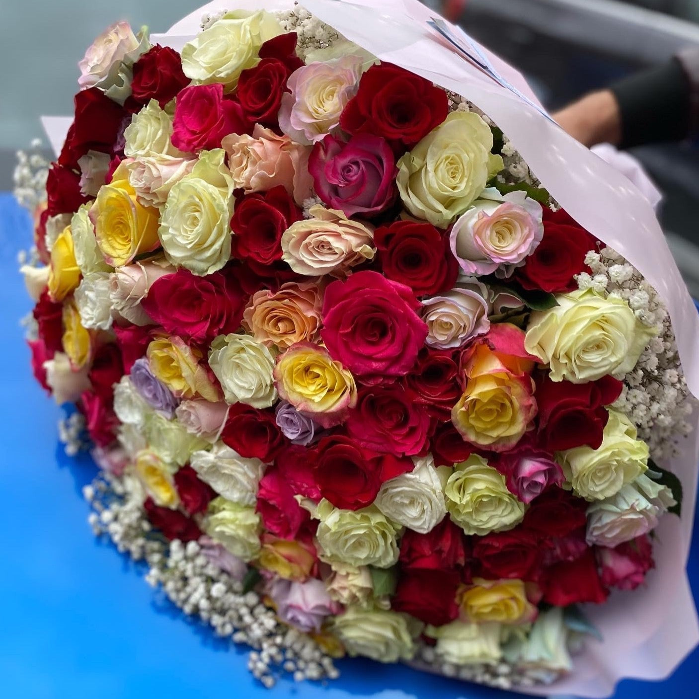 101 colorful roses bouquet, long-stemmed, hand-arranged