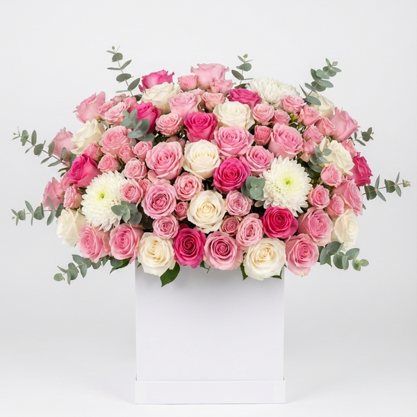 Bouquet of pink, white, and green roses on a white background