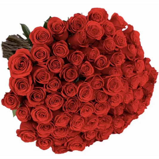 50 Freedom Red Roses in full bloom, showcasing vibrant deep red petals, large, elegant blooms, and a classic rose shape, arranged in a luxurious and romantic bouquet."