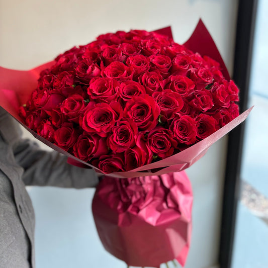 101 red roses bouquet, long-stemmed, hand-arranged, luxury gift