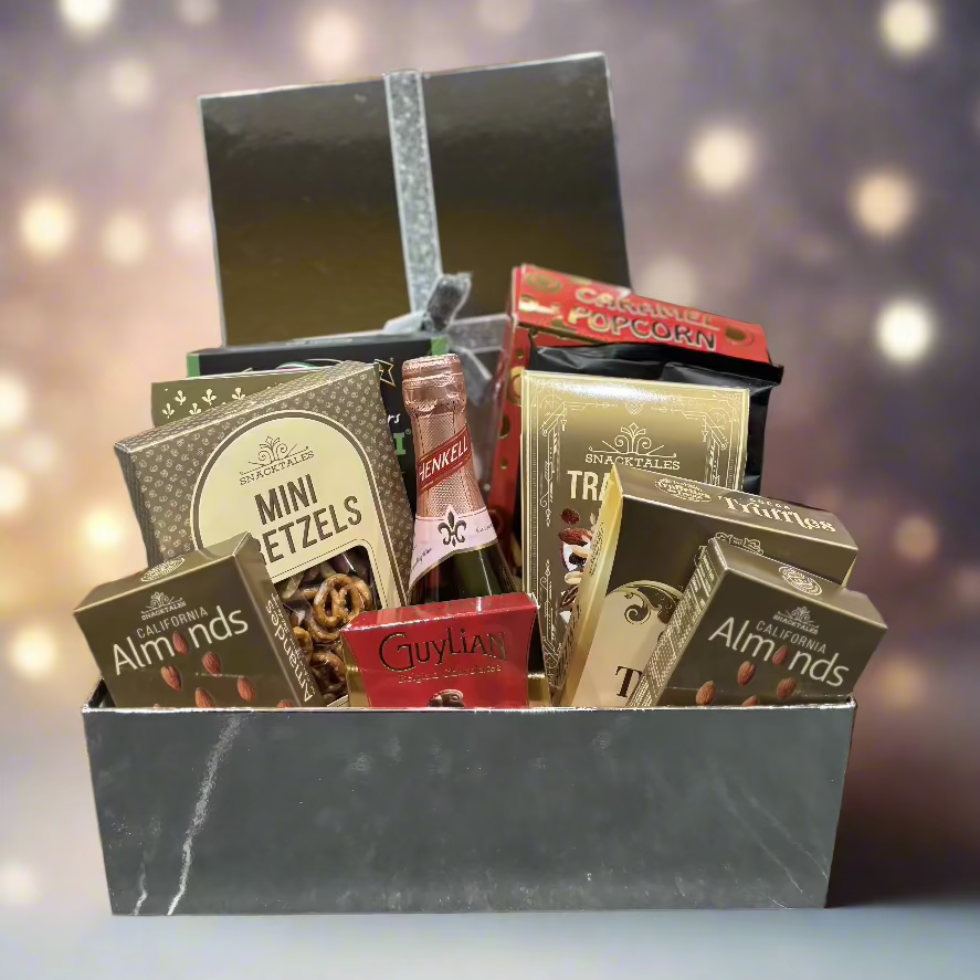 “A vibrant gift basket showcasing a selection of luxurious bath products, gourmet treats, and seasonal items, perfect for any occasion.”
 