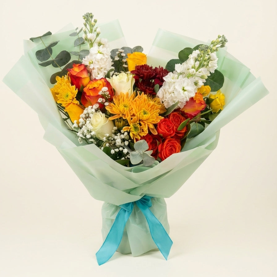 Bouquet of colorful flowers with a green wrap and blue ribbon on a light background