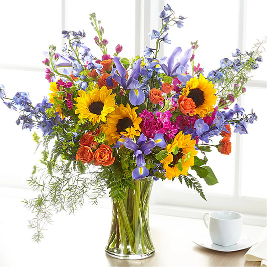 Colorful bouquet of flowers arranged in a glass vase, with petals in various shades of pink, yellow, and white, standing on a wooden surface