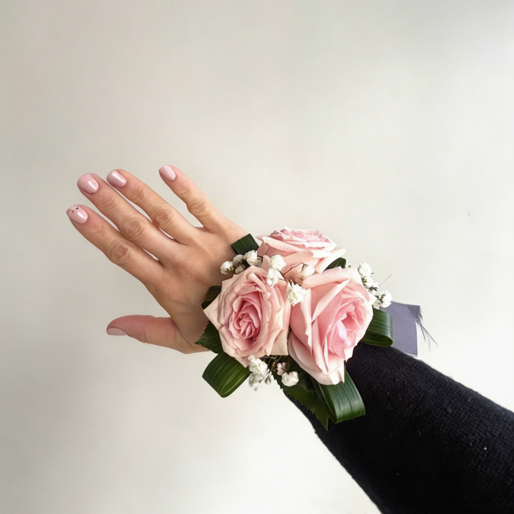 Hand wearing a wrist corsage with pink roses on a plain background