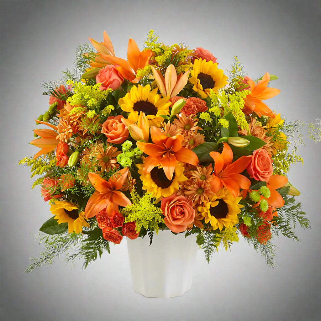  A vibrant funeral floor basket featuring a mix of orange-toned flowers, including sunflowers, marigolds, and other complementary blooms. The arrangement is designed in a large, elegant basket, offering a warm and uplifting tribute to a loved one. Perfect for memorial services or celebrating a life.



