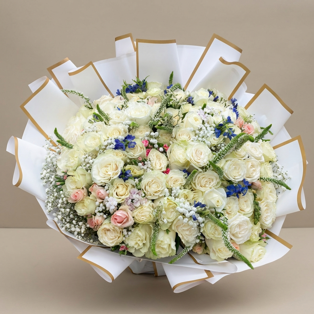 101 White Luxury Roses Bouquet
