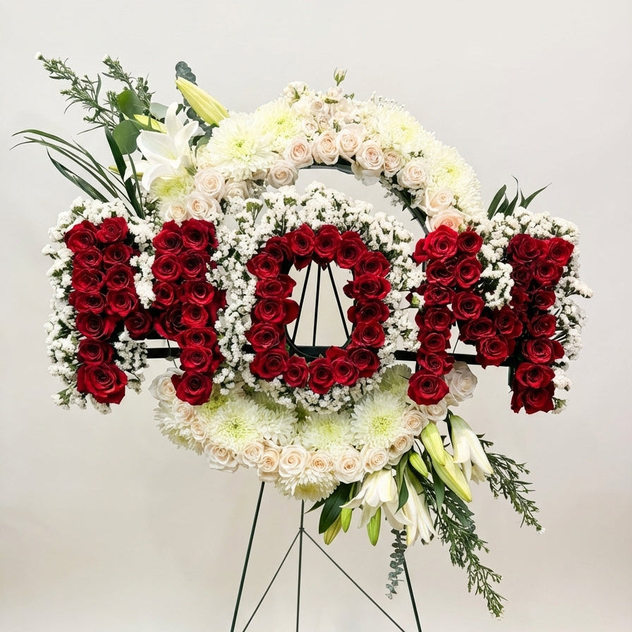 Floral arrangement with 'MOM' text on a stand against a white background