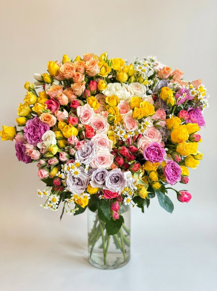 Bouquet of colorful flowers in a clear vase on a light background