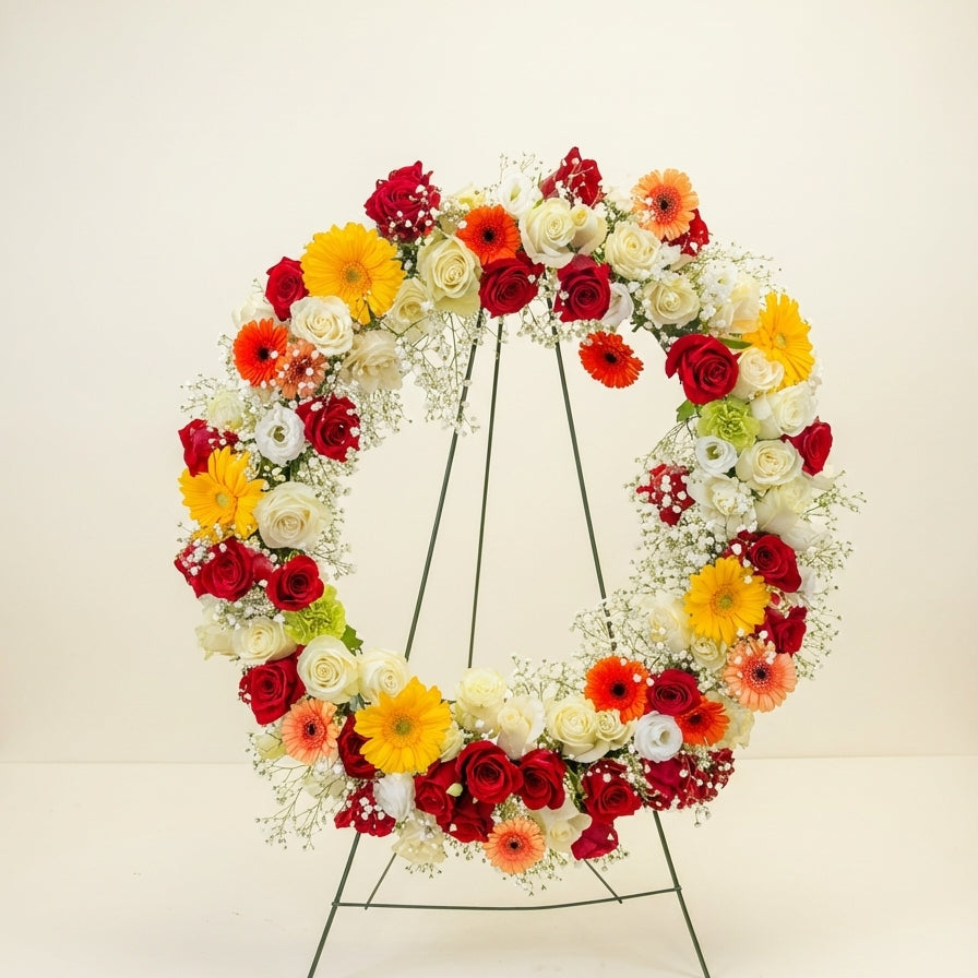 Floral wreath with red, yellow, and white flowers on a stand against a light background