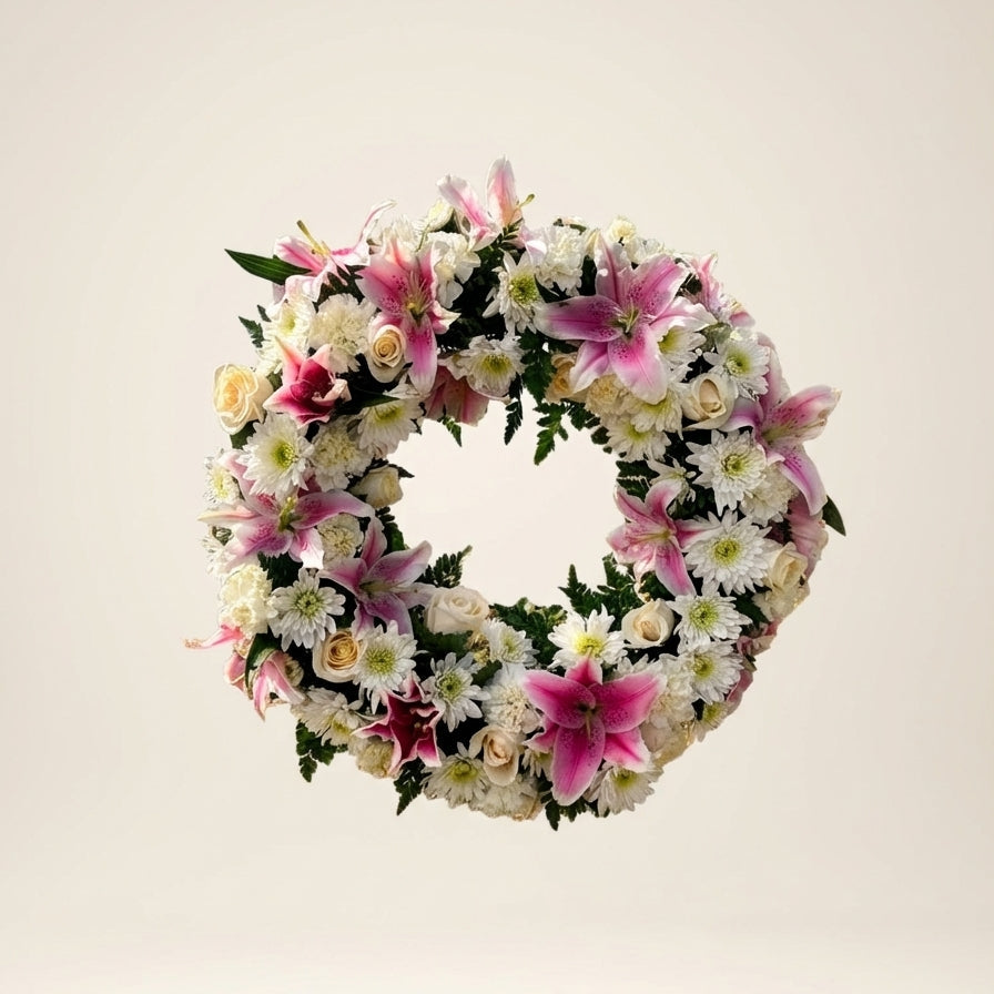 Floral wreath with pink and white flowers on a light background