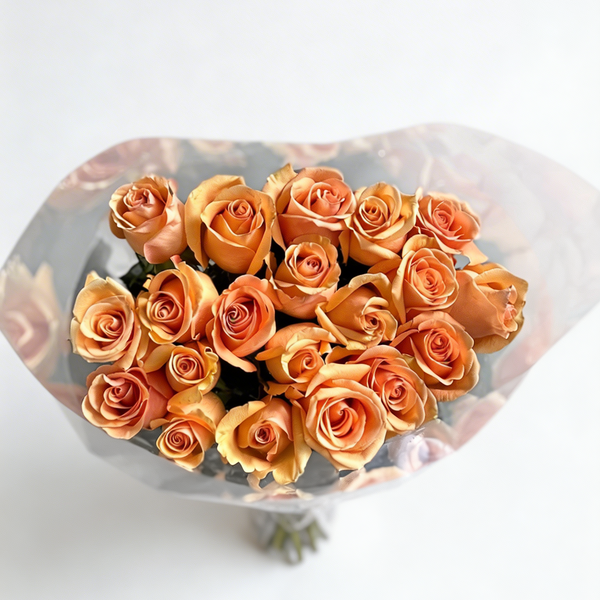 Bouquet of orange roses wrapped in cellophane on a white background
