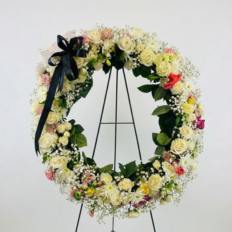 Floral wreath with a black ribbon on a white background