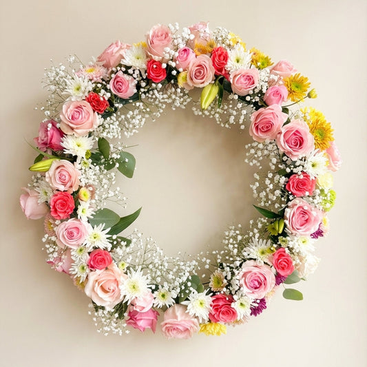 Floral wreath with pink, red, and yellow flowers on a beige wall