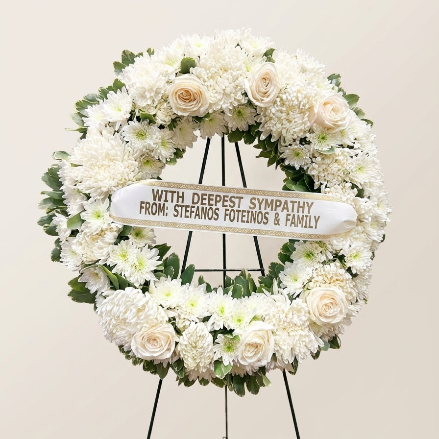 White floral wreath with a sympathy message on a stand against a light background
