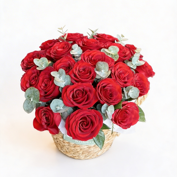 Bouquet of red roses with green leaves in a woven basket on a white background