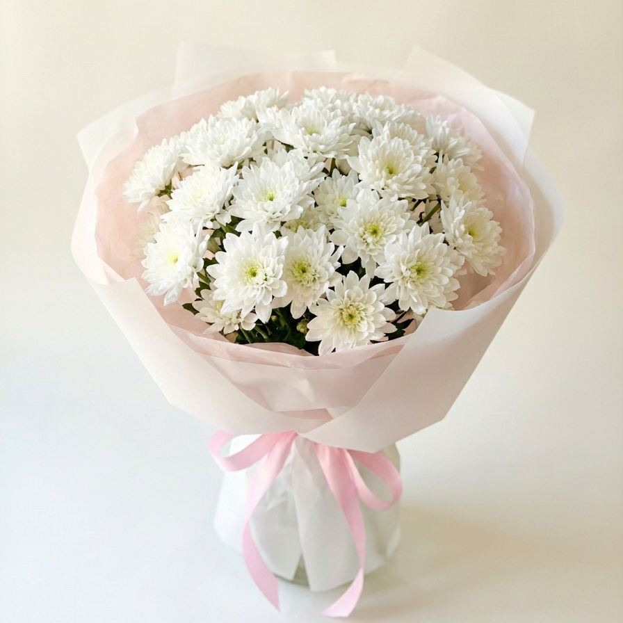 Bouquet of white flowers wrapped in pink paper on a light background