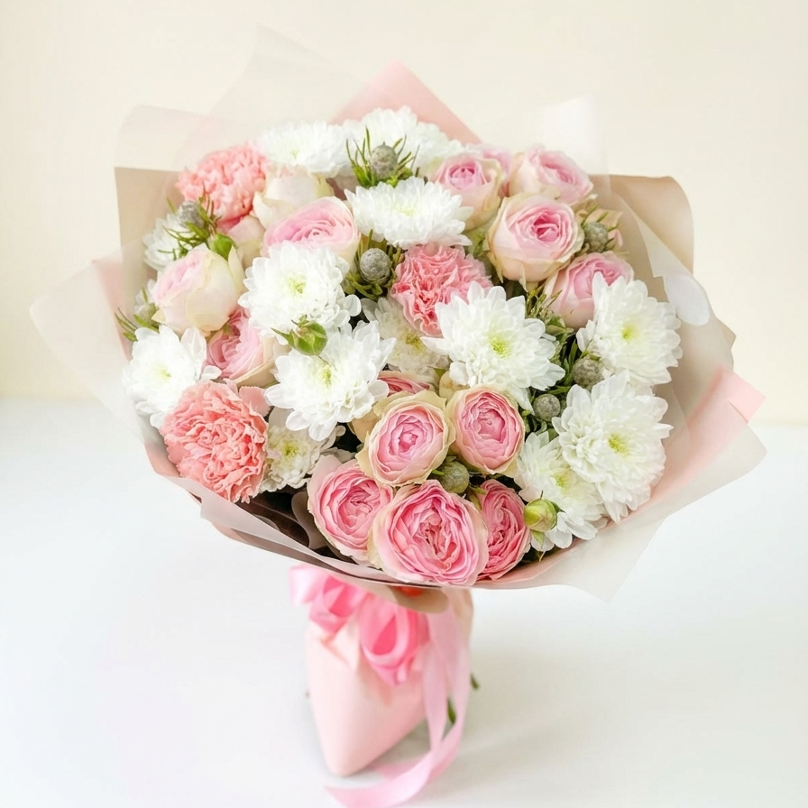 Bouquet of pink and white flowers wrapped in brown paper on a light background