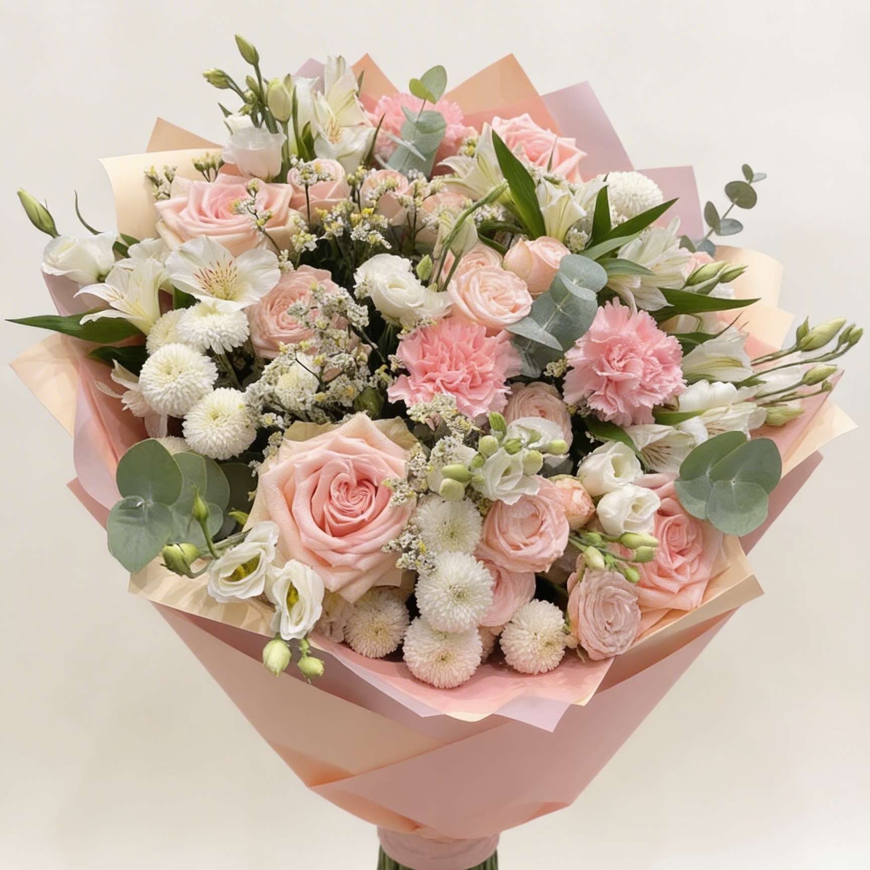 Bouquet of pink and white flowers with greenery on a light background