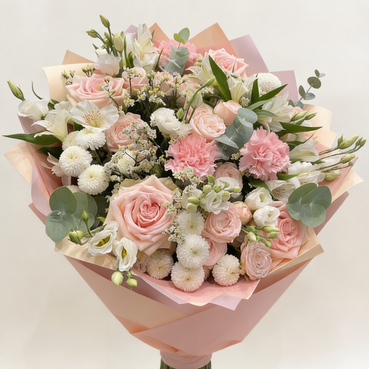 Bouquet of pink and white flowers with greenery on a light background