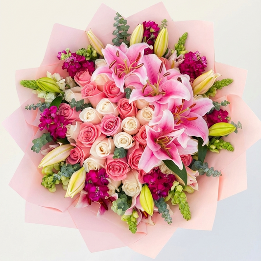 Bouquet of flowers with pink and white roses and pink lilies on a light gray background
