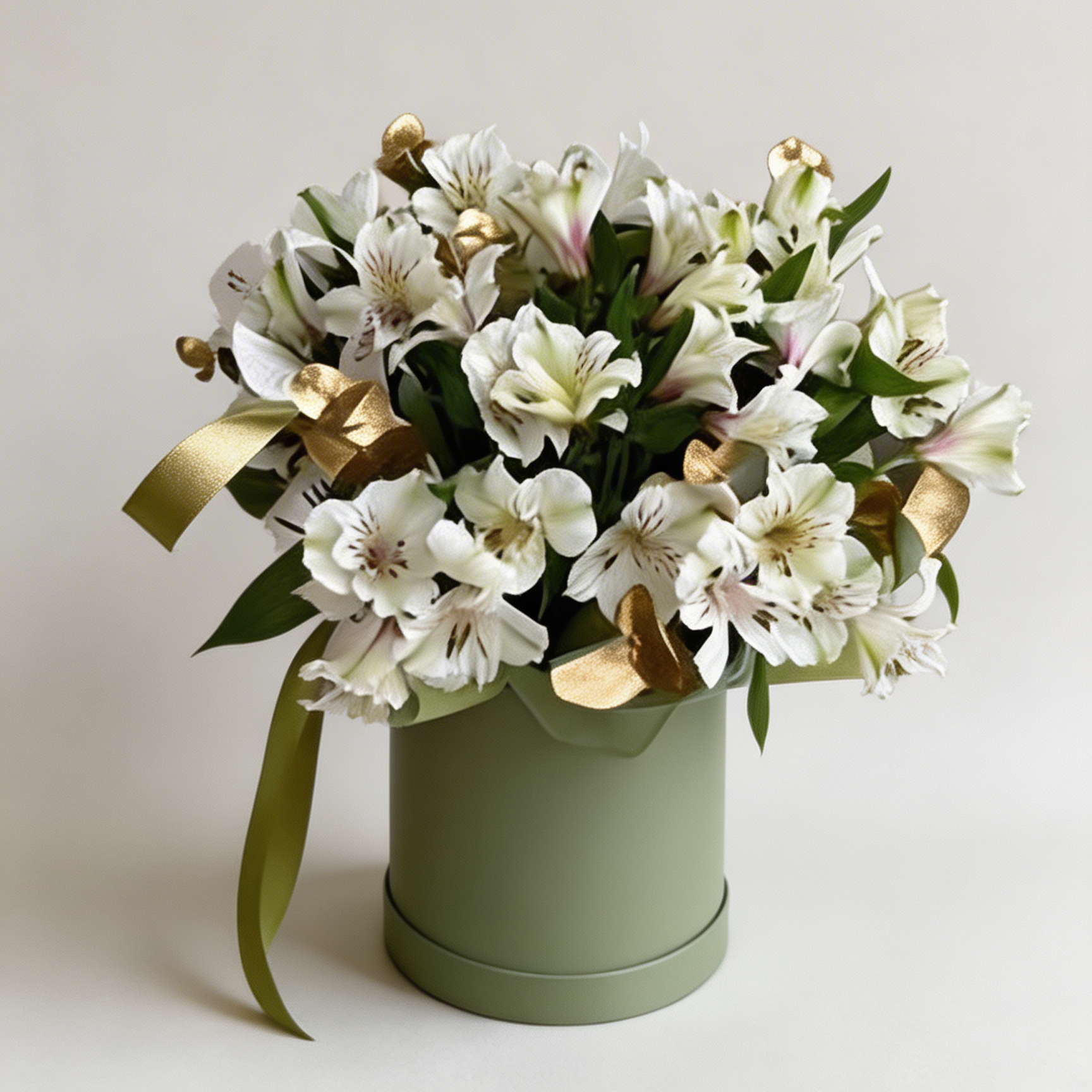 Floral arrangement in a green box with white flowers and gold accents on a light background