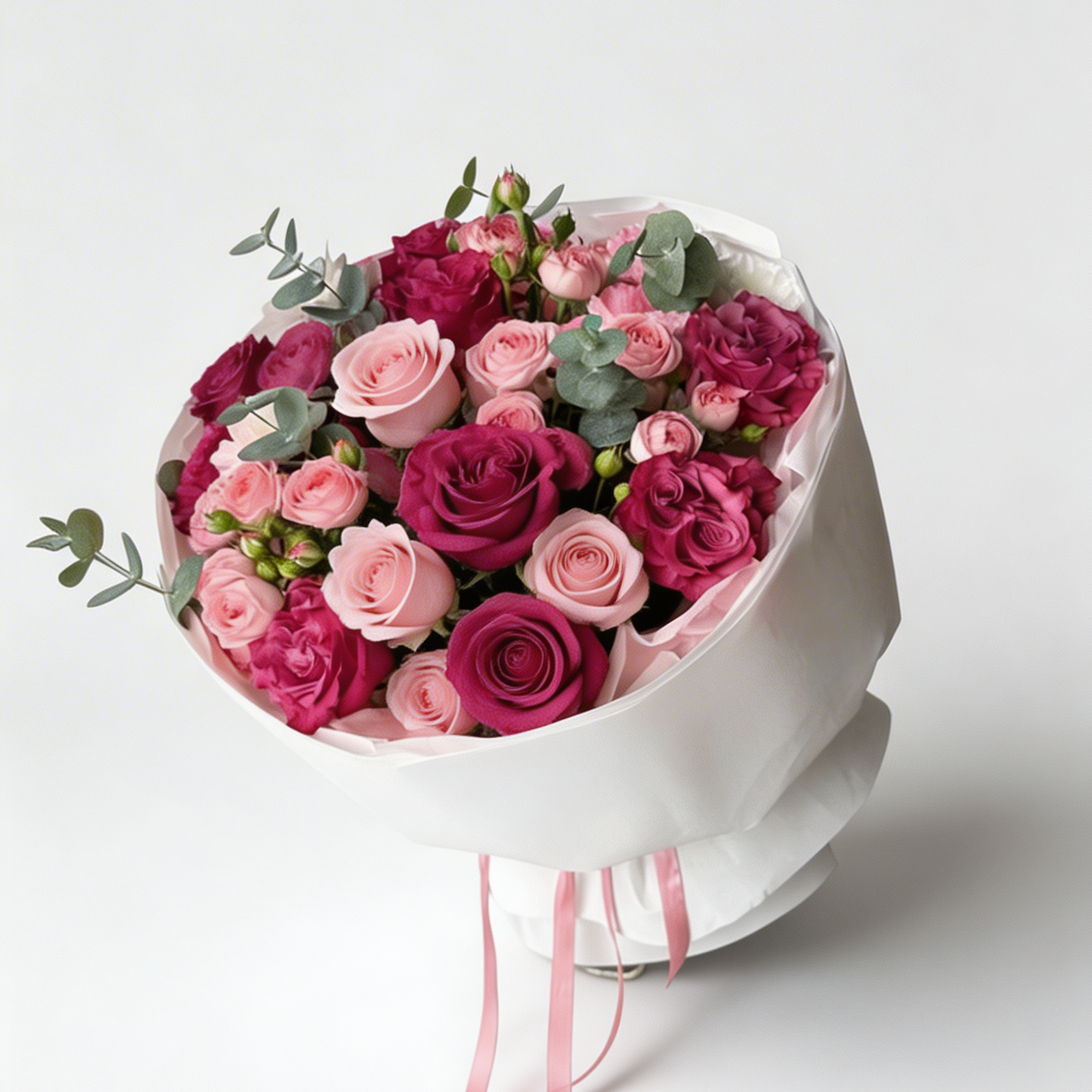 Bouquet of pink and purple roses in a white box on a light gray background