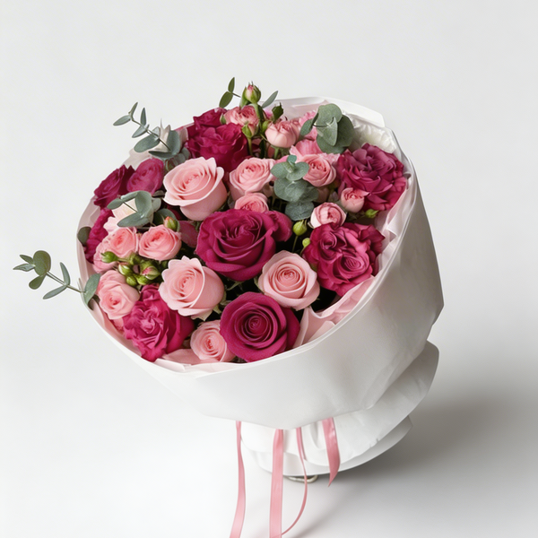 Bouquet of pink and purple roses in a white box on a light gray background