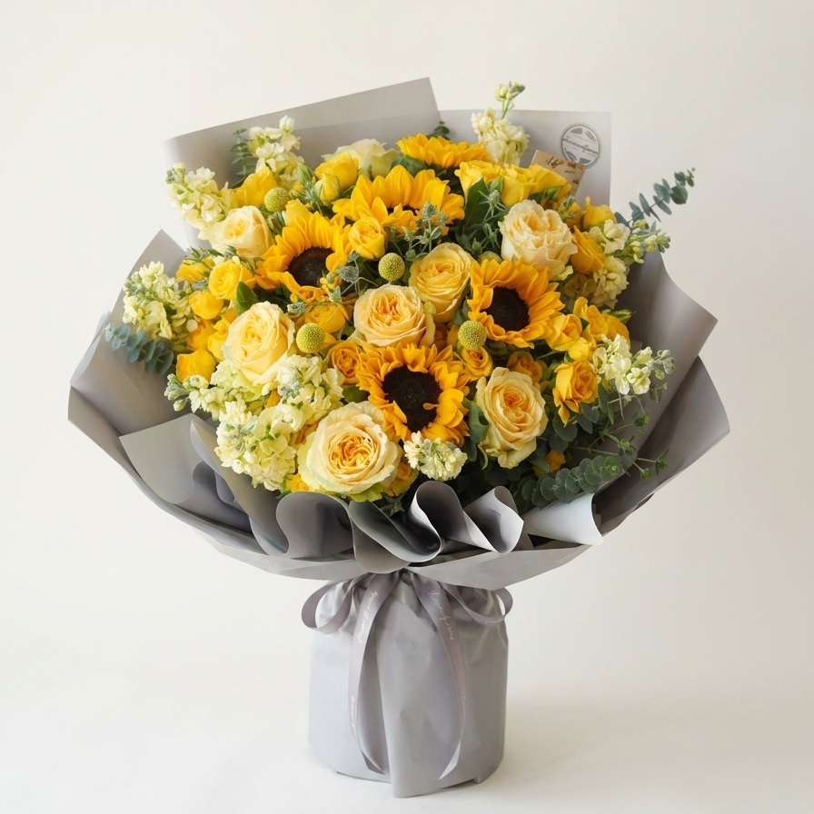 Bouquet of yellow and white flowers wrapped in gray paper on a light background