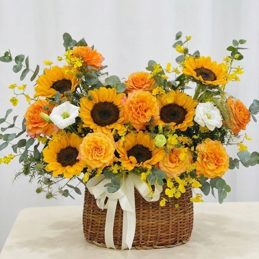 Bouquet of sunflowers and roses in a woven basket on a light background