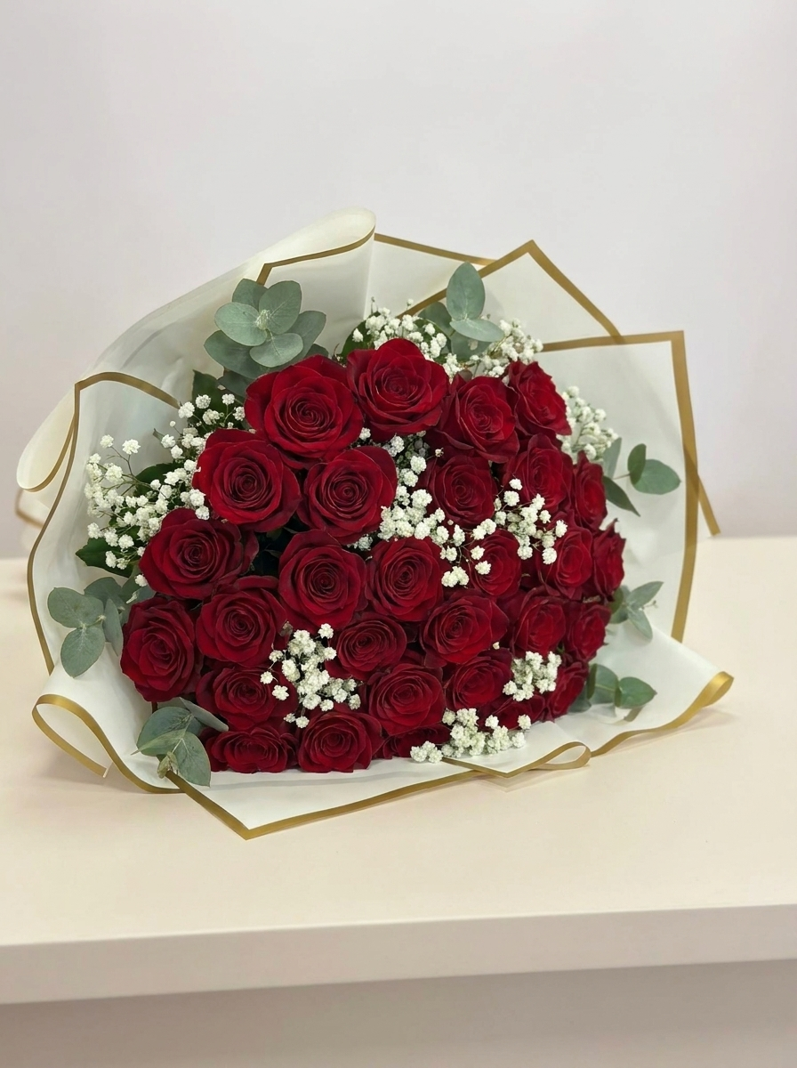 Red Roses and Baby Breath Bouquet