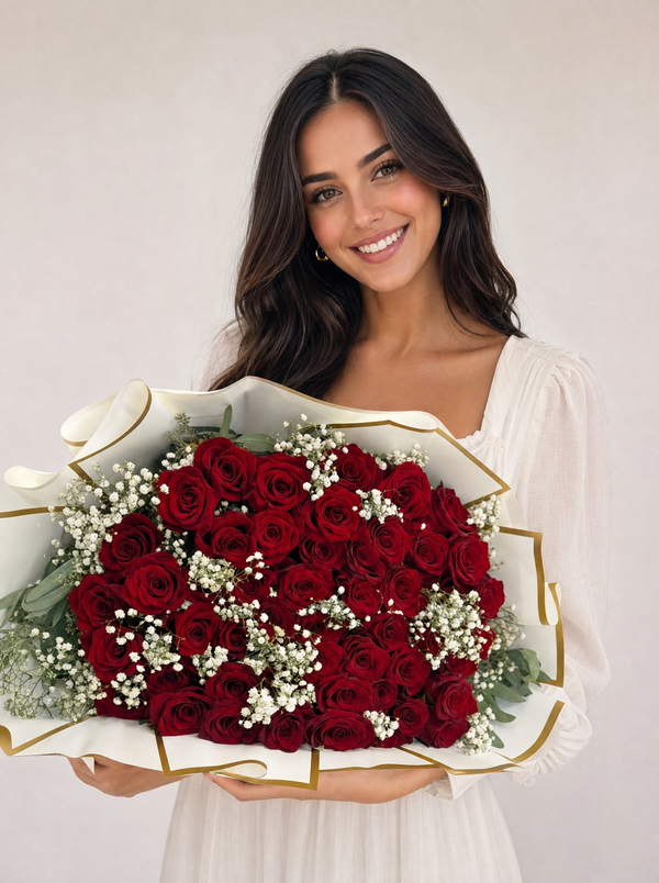 Red Roses and Baby Breath Bouquet