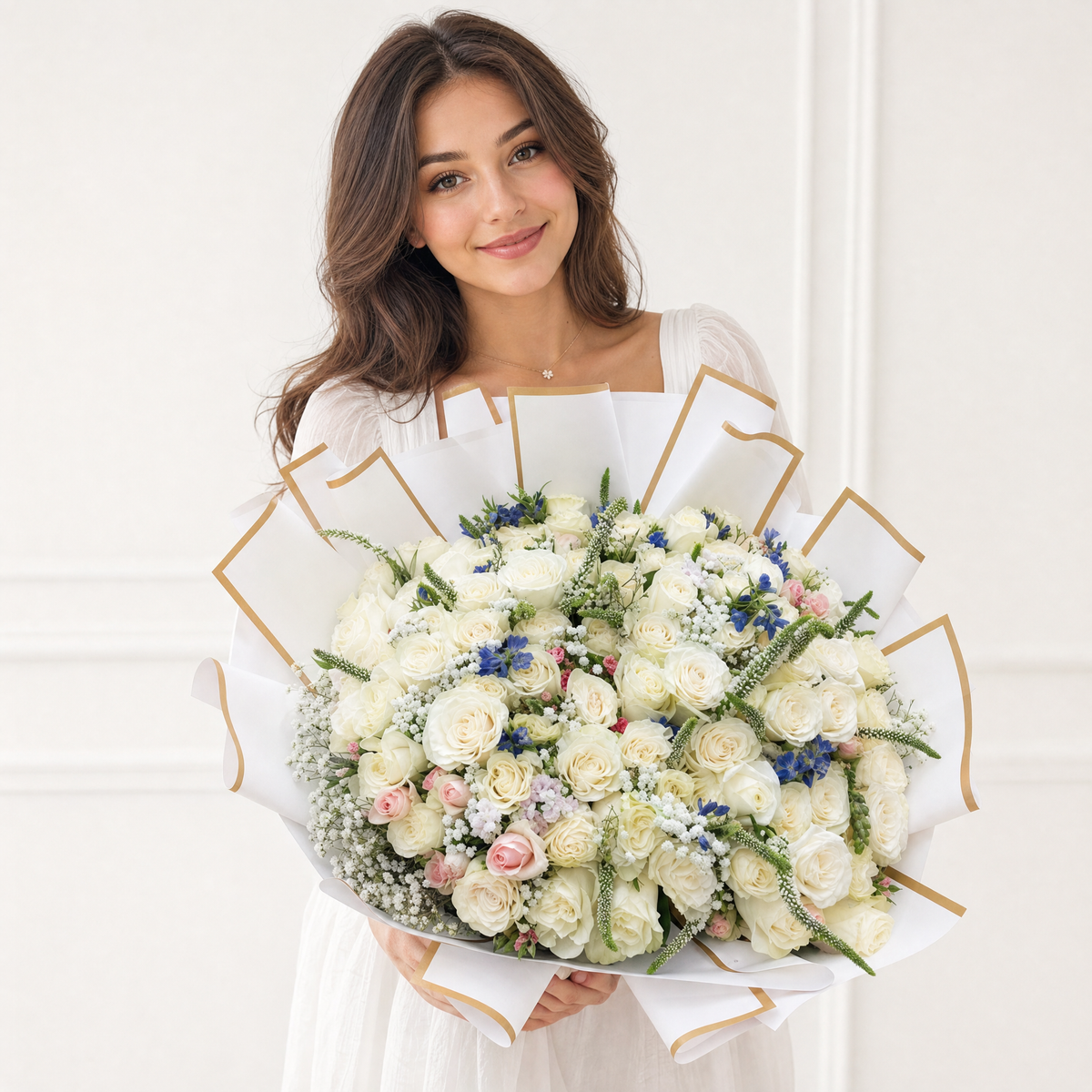 101 White Luxury Roses Bouquet