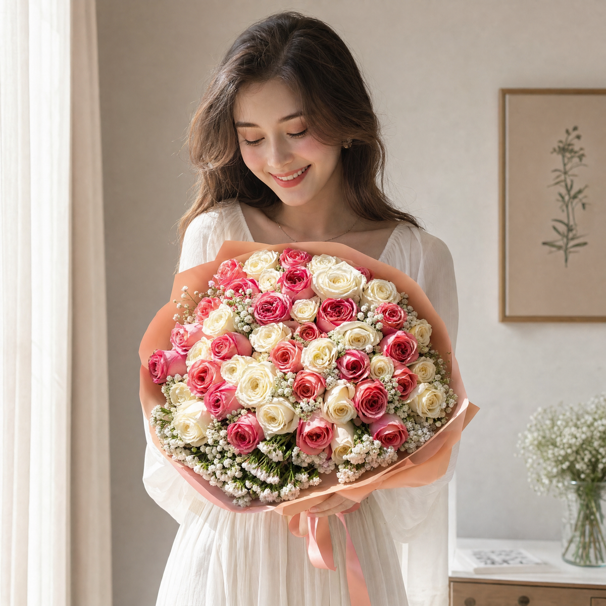50 Colorful Pink Mixed Roses Bouquet