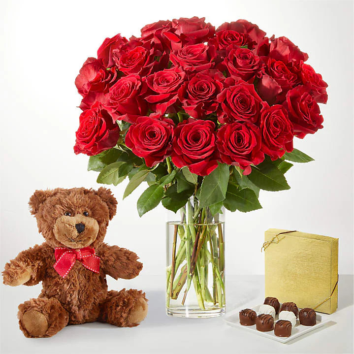 A Perfect Gift for Any Occasion 🌹🍫🧸
This thoughtful gift set features a stunning bouquet of red roses in a charming vase, symbolizing love and romance. Paired with delicious premium chocolates and a cuddly teddy bear, it’s the ultimate way to show someone you care. Whether for a birthday, anniversary, or just because, this combination of classic gifts is sure to bring smiles and warmth to their heart. 💖✨ #RedRoses #GiftIdeas #RomanticGifts #TeddyBearLove #ChocolateGifts #ValentinesDay #ThoughtfulGifts